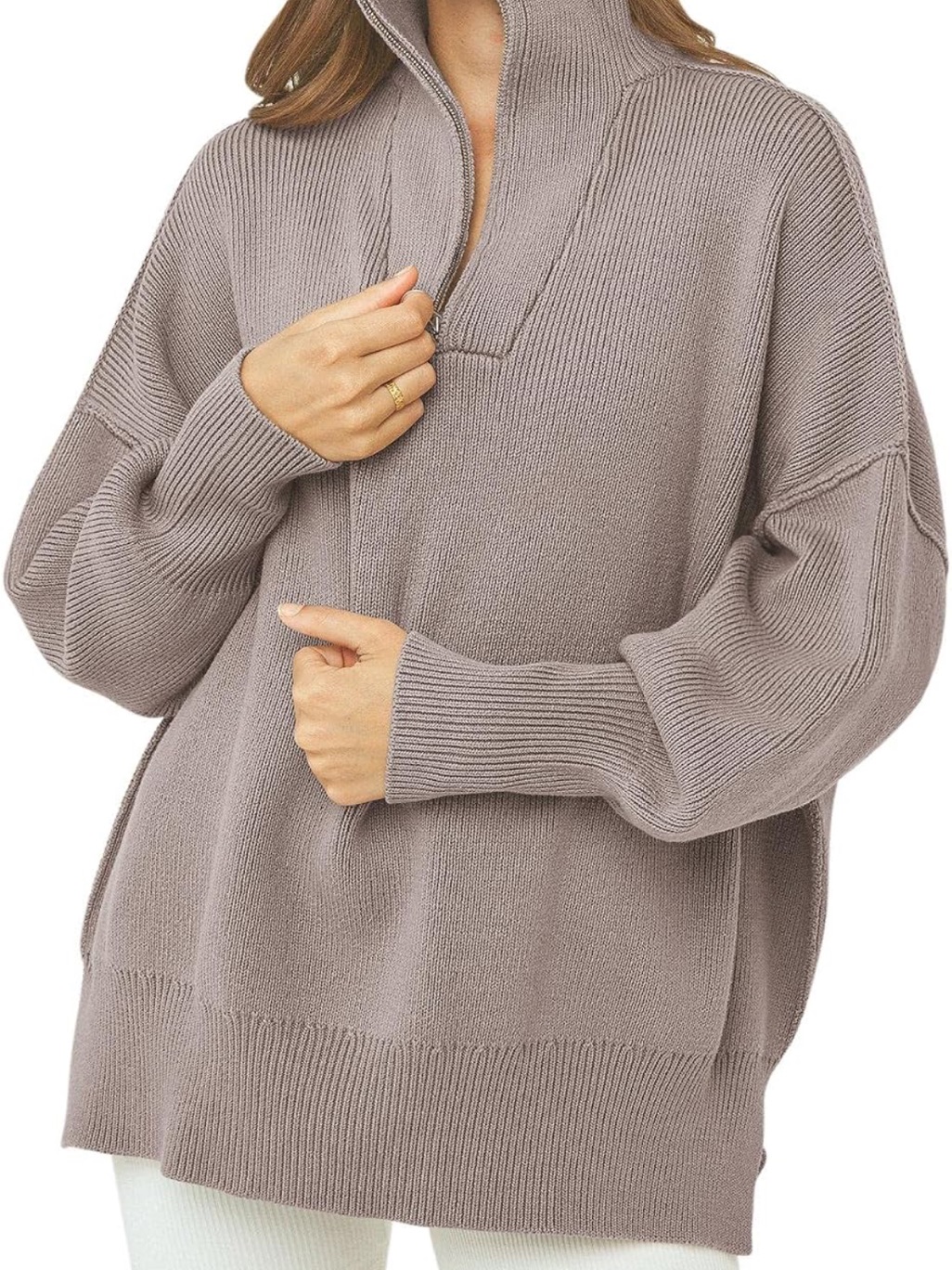Cozy Taupe Half-Zip Knit Sweater For Women